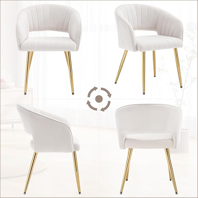 ABET Desk Chair with No Wheels, Velvet Home Office Armchair Gold Legs, Upholstered Modern Accent Chairs, Side Chair for Living Room Bedroom Vanity, Off-White Cream