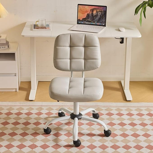 VINGLI Compact Small Desk Chair, Cute Armless Chair with Wheels, Vanity Chair with Low Back, Height Adjustable Task Chair for Small Spaces, Office, Bedroom, Make Up Room, PU Leather, Light Grey
