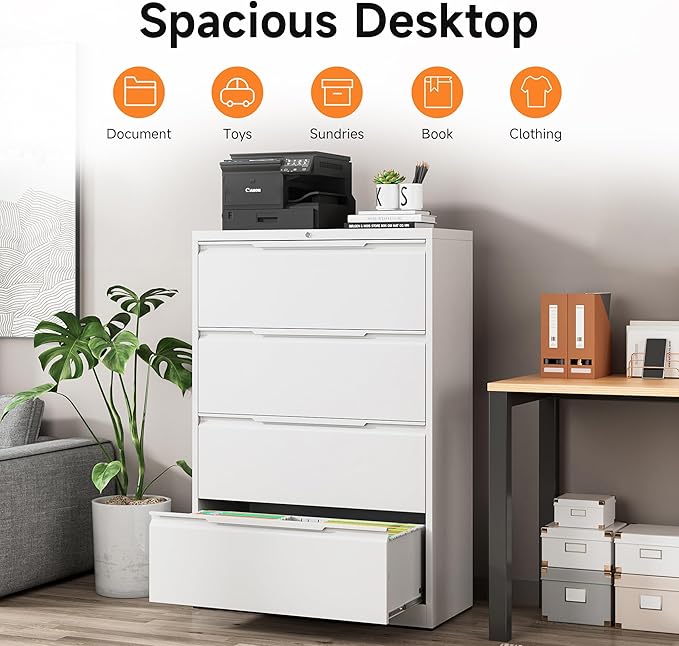 Coolsun Metal Lateral File Cabinet, 4 Drawer File Cabinet with Lock, Wide Filing Cabinet for Home Office, Locking Storage Cabinet for Hanging A4/F4/Letter/Legal, Assembly Required (White, 4 Drawer)