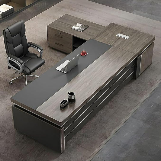 L-Shape Office Executive Desk, L-Shape Modern Executive Desk, Manufactured Wood Computer Desk, Management Working Table with Drawers and Storage (Right, 87" L x 63" W x 30" H-Single Cabinet)