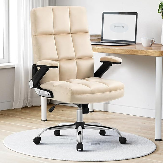 SEATZONE Executive Office Chair,Comfortable Soft Velvet High Back Computer Chair,Swivel Work Chair with Flip-up Armrests Adjustable,Beige