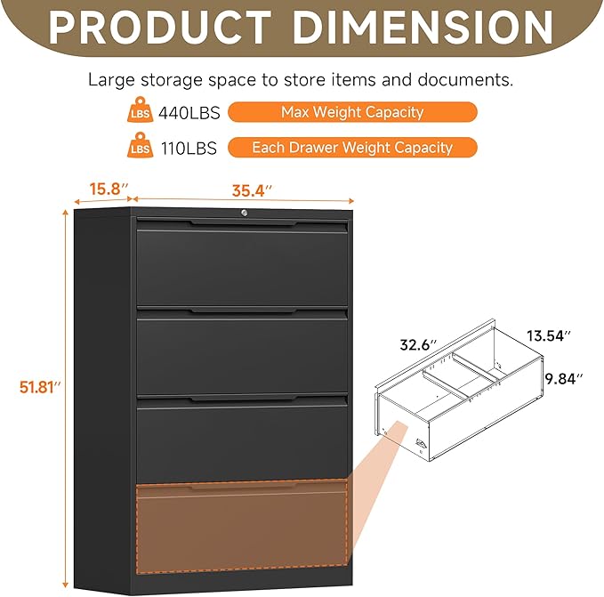 Coolsun Metal Lateral File Cabinet, 4 Drawer File Cabinet with Lock, Wide Filing Cabinet for Home Office, Locking Storage Cabinet for Hanging A4/F4/Letter/Legal, Assembly Required (Black, 4 Drawer)