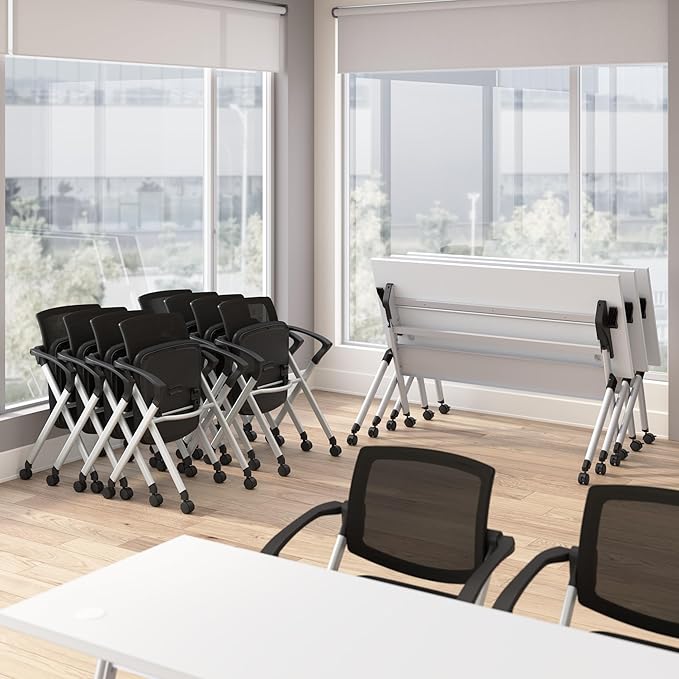 Bush Business Furniture Folding Training Table Set for 2, 72 inch Desk with Powered Grommets and 2 Chairs with Arms, Commercial-Grade Bundle for Office or Classroom, Envision Collection, White