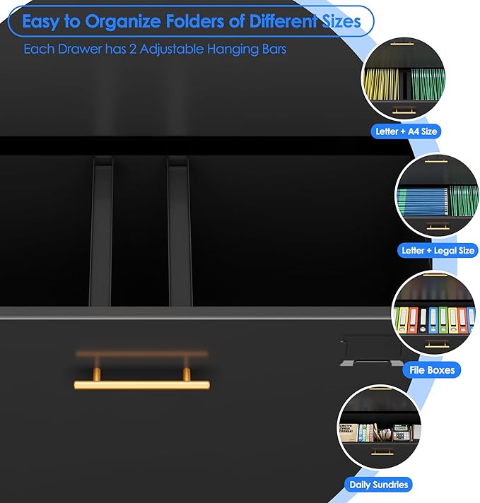 METAN Metal File Cabinet with 2 Drawers and 2 Shelves,Office Filing Cabinet on Wheels with Lock,Office Storage for Letter/Legal Size,Assembly Required,Black