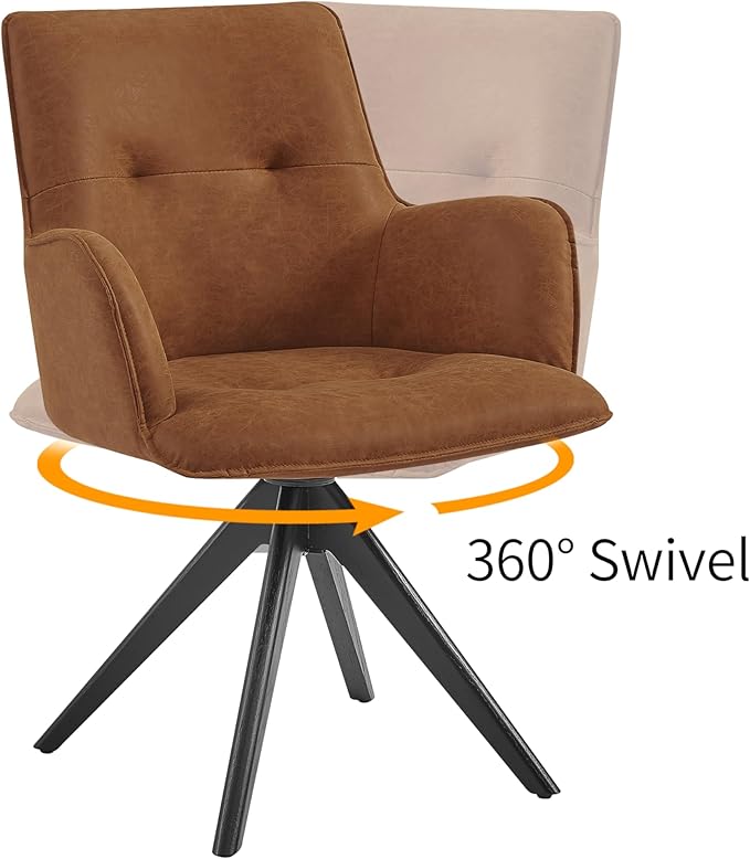 Art Leon Mid Century Desk Chair - Faux Leather Upholstered Office Chair No Wheels, Swivel Accent Chair with Black Oak Wood Legs for Small Space Living Room Bedroom, Set of 2, Brown