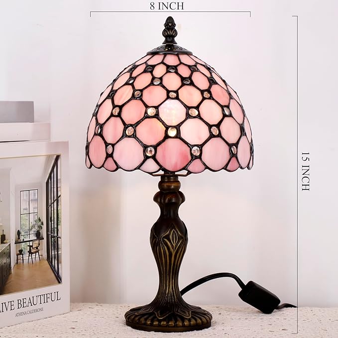 Small Tiffany Lamp Stained Glass Table Lamp Mini Desk Accent Light for Bedroom Bedside Reading Home Antique Style Decor 8X15 Inches (Pink)