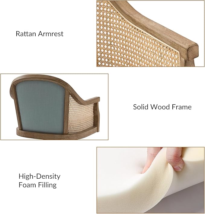 TINA'S HOME Rattan Desk Chair, Wood Upholstered Home Office Chair with Armrest, Adjustable Swivel Rolling Height Computer Task Chair for Living Room Bedroom Study Room, Blue