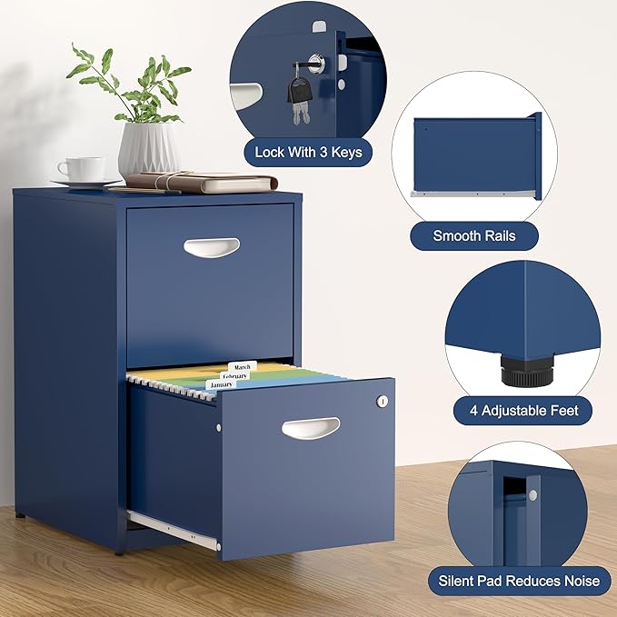 2 Drawer File Cabinet with Lock,Blue Metal Office Drawers Filing Cabinets for Home Office, Two Drawer Under Desk File Cabinet for Hanging Letter,Easy Assemble