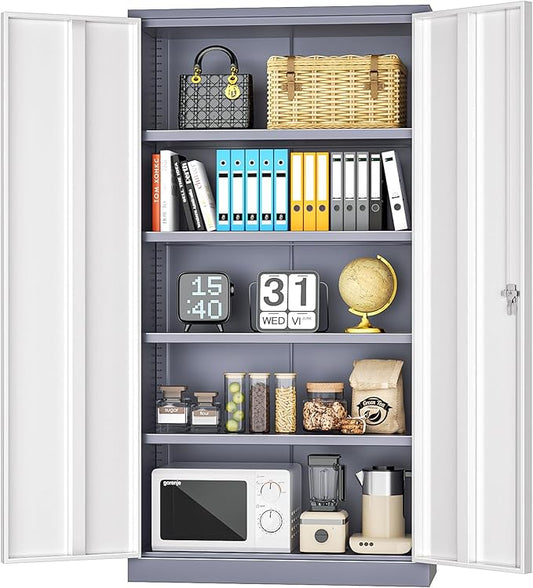 INTERGREAT Metal Storage Cabinet for Garage,72" Lockable Storage Cabinets with Doors and Adjustable Shelves,Steel Locking Cabinet for Garage,Office,Home,Gym,School (White Grey)