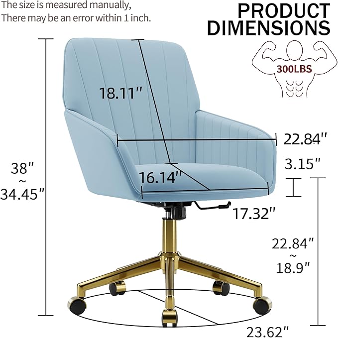 YISHENG Velvet Office Desk Chair with Gold Base, with Wheels,Modern Height Adjustable 360 Degree Swivel Upholstered Vanity Chairs with Arms for Living Room Bedroom,Sky Blue