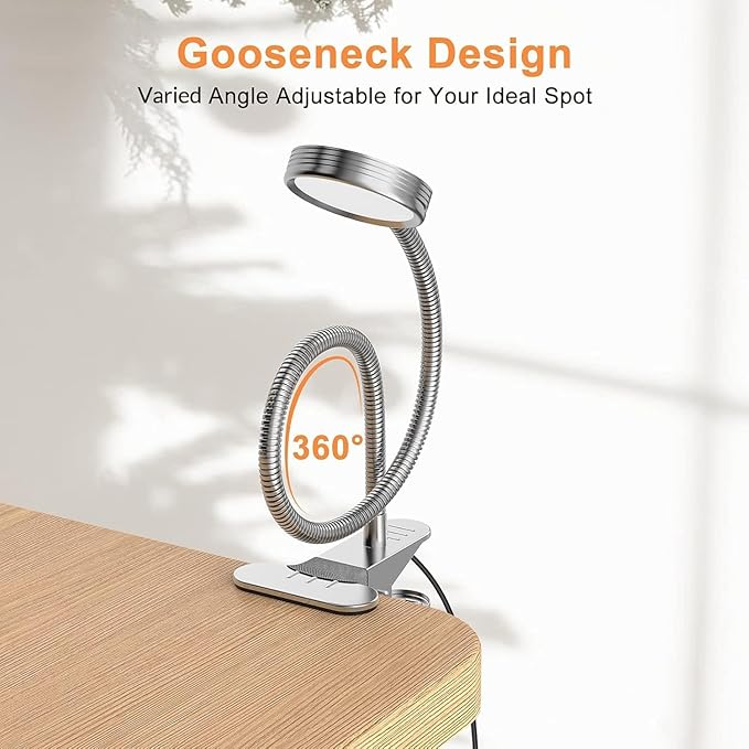 LEPOWER Clip on Light/Reading Light/Book Lights/Desk Lamp Color Changeable/Night Lights Clip on for Desk, Bed Headboard and Computers, Adapter Included, Silver