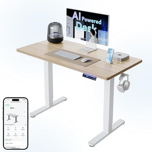 HUANUO AI-Powered Electric Standing Desk with Smart APP, Work with Alexa & Google, Adjustable Height, 6 Memory Settings, Sedentary Reminder, Ergonomic Sit-Stand Desk, 48-inch, Light Walnut