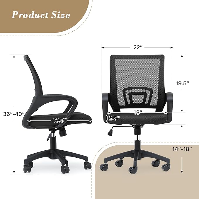Athena Collection Computer Office Chair Set of 2, Ergonomic Desk Chair with Rolling Wheels, Mesh Back Support and Height Adjustable, Small and Comfy for Home Office, Study, Black