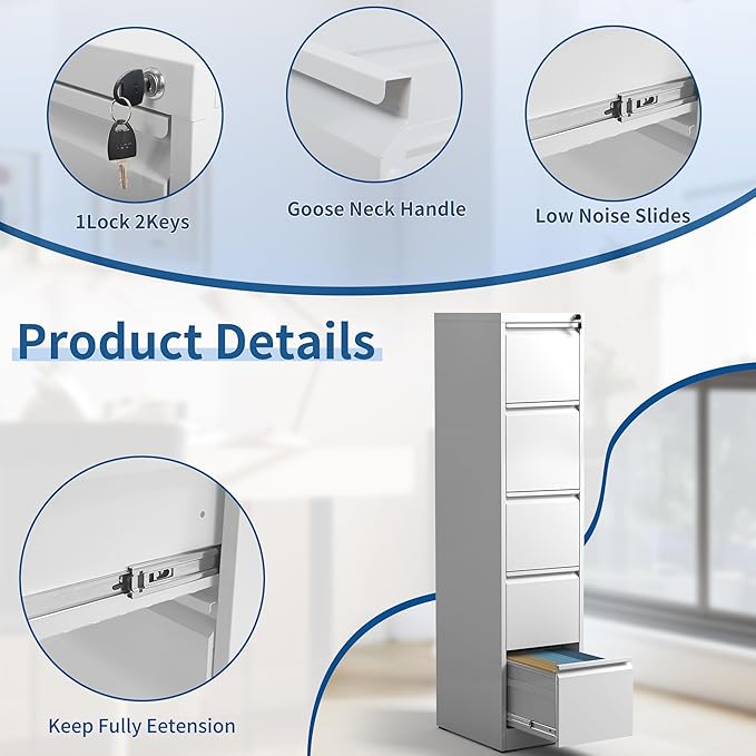 5-Drawer Locking Vertical File Cabinet, Metal Storage Cabinet for Office/Home – Secure Vertical Filing for Letter/Legal/A4/F4 Documents, Easy to Assemble Steel Cabinet (White, 5 Drawer-64 H)