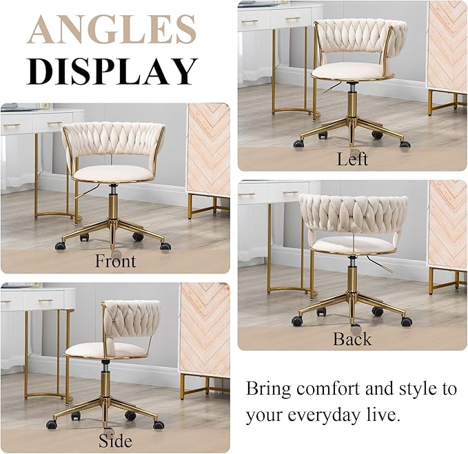 Home Office Chair with Hand Woven, Velvet Upholstered Desk Chair with Open Back, 360° Swivel & Height Adjustable Task Chair, Ergonomic Office Chair with Gold Base (Ivory)