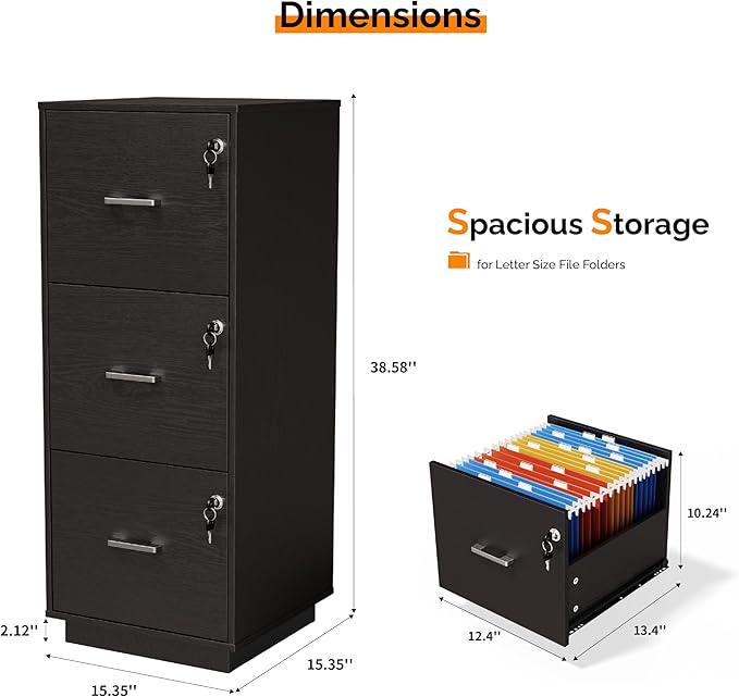 VINGLI 3 Drawer File Cabinet with Lock, Home Office Filing Organizer, for Letter Size File Folder Storage, Wood Tall Vertical Filing Cabinet, Printer Stand, Archivador (Black)