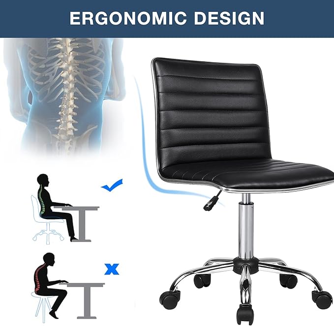 BOSSIN Adjustable Home Office Chair, Mid-Back Armless Ribbed Swivel Task Chair,Vanity Chair for Small Space, Living Room, Make-up, Studying (Black)