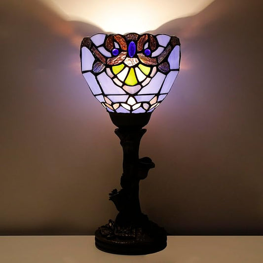 Small Tiffany Lamp Stained Glass Table Lamp Desk Uplight 6X6X13.5 Inch for Bedroom Bedside Office (Blue Baroque)