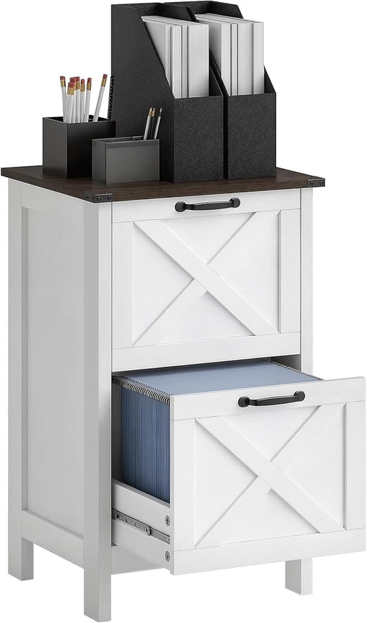 HOMCOM 2 Drawer Vertical File Cabinet with Silent Slides, Rustic Farmhouse Filing Cabinet with Barn Doors for A4/Letter Size, Printer Stand with Storage for Home Office, Distressed White
