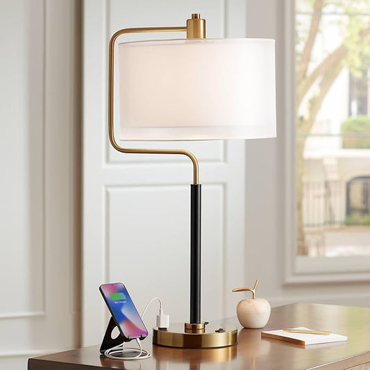 Possini Euro Design Carlyle 30.5" Tall Desk Lamp with USB Charging Ports and Outlet Mid Century Modern Warm Gold Double Drum Shades - Living Room Bedroom House Bedside Nightstand Home Office Family