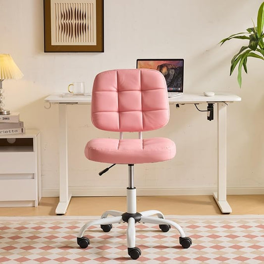 VINGLI Compact Small Desk Chair, Cute Armless Chair with Wheels, Vanity Chair with Low Back, Height Adjustable Task Chair for Small Spaces, Office, Bedroom, Make Up Room, PU Leather, Pink
