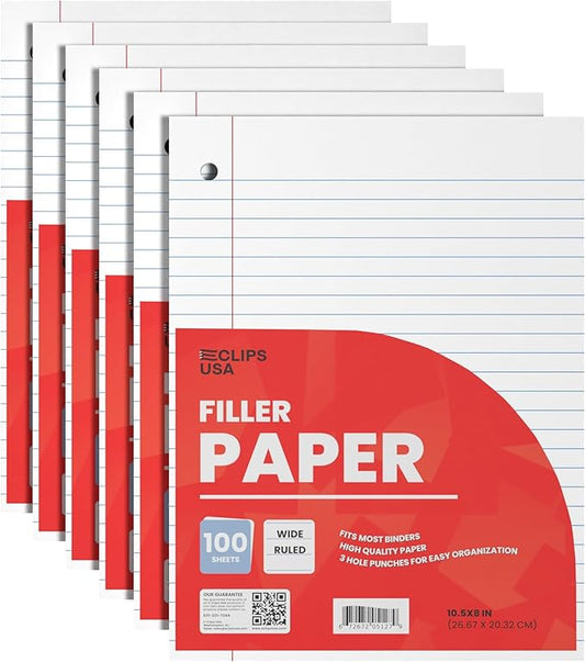 Notebook Paper, Loose Leaf Paper, Wide Ruled Paper, 10.5? x 8?, Filler Paper, 100 Sheets Per Pack, 60 gsm (6 Pack)