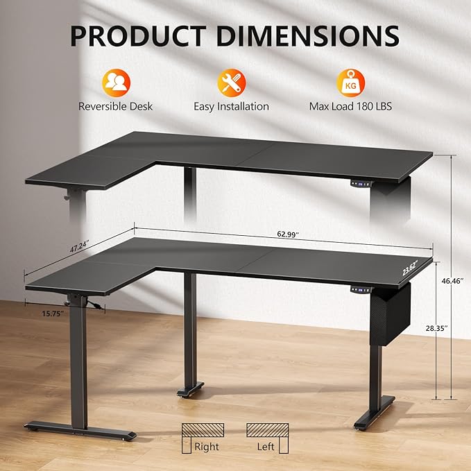 L Shaped Electric Standing Desk,63 Inch Adjustable Height Sit to Stand Corner Desk with Memory Presets,Reversible Computer Table for Home Office,Work and Study,Black