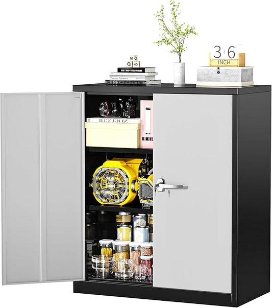Greenvelly Metal Cabinet, 36" Locking Storage File Cabinet with Doors and Shelves for Office,Home,Gym,School,Kitchen(Black Grey)