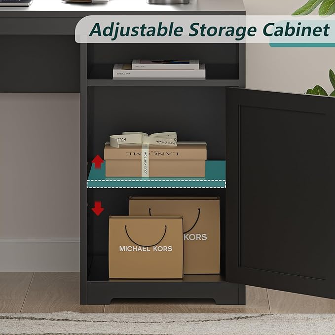 63" Farmhouse L Shaped Desk with Drawers & Storage Shelf, Corner Computer Desk with Power Outlets for Home Office, Executive Desk with Monitor Stand, Printer Shelf, Black