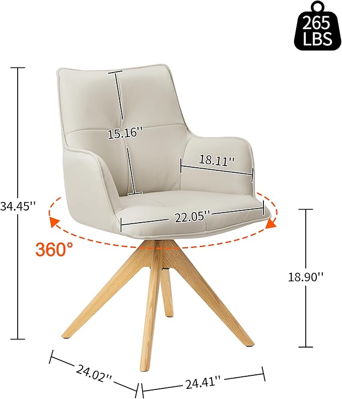 Art Leon Mid Century Modern Swivel Accent Chair - Home Office Desk Chair No Wheels, Genuine Leather Upholstered Armchair with Oak Wood Legs for Small Space Living Room Bedroom, Off White