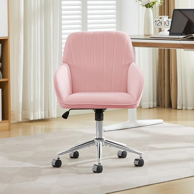 YISHENG Velvet Office Desk Chair with Silver Base, with Wheels,Modern Height Adjustable 360 Degree Swivel Upholstered Vanity Chairs with Arms for Living Room Bedroom,Pink