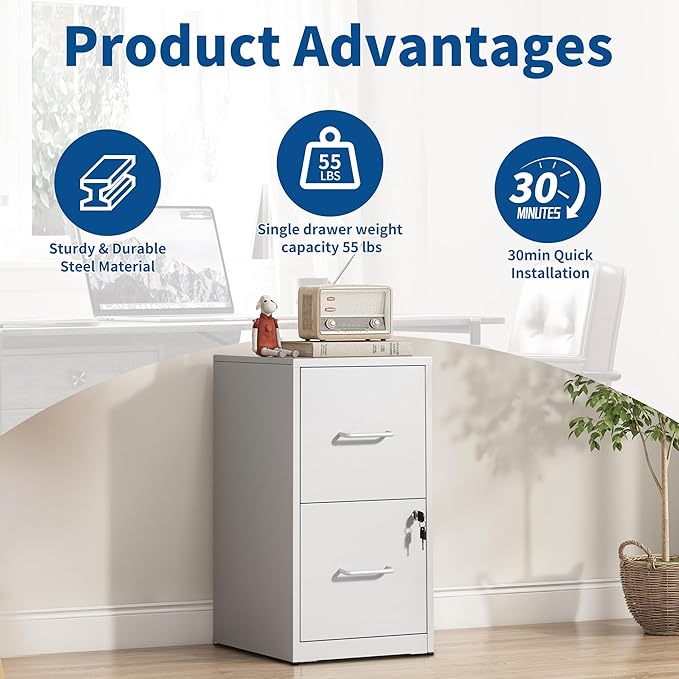 2-Drawer Locking Vertical File Cabinet, Metal Storage Cabinet for Office/Home – Secure Vertical Filing for Letter/Legal/A4/F4 Documents, Easy to Assemble Steel Cabinet