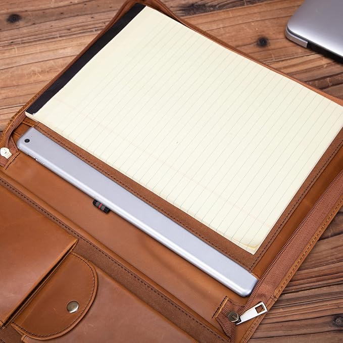 Handmade Crazy-Horse Leather Padfolio Portfolio, Easy to Carry with A Zippered Closure, Business Organizer Tablet Folio Folder with Letter Size Notepad, Gift for Women & Men (Brown, Upgraded version)