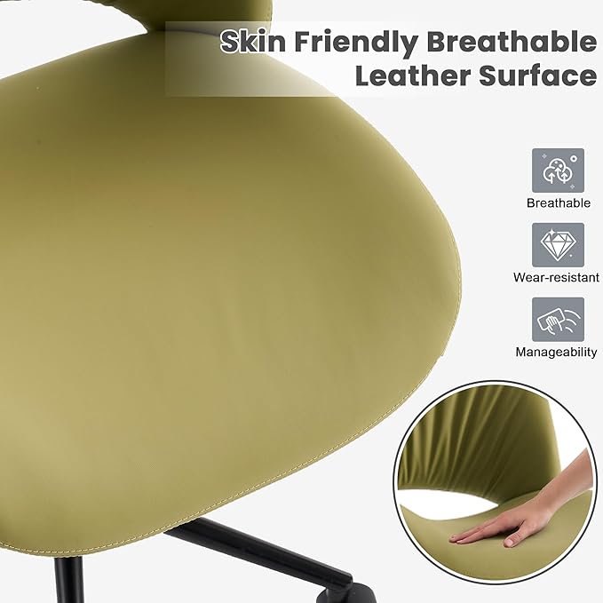 Rowill Armless Office Desk Chair, Ergonomic PU Leather Modern Task Chair with Back Adjustable Height, 360° Swivel Vanity Chairs with Wheels for Small Space, Home Office, Bedroom, Avocado Green