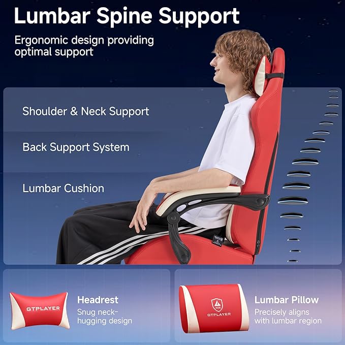 GTPLAYER Gaming Chair, Video Game Chairs with Footrest and Lumbar Support, Computer Chair for Adults with Extended Backrest, Ergonomic Reclining Silla Gamer, PU-Leather, Red