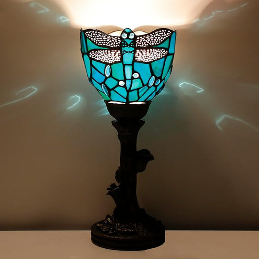 Small Tiffany Lamp Stained Glass Table Lamp Desk Uplight 6X6X13.5 Inch for Bedroom Bedside Office (Green Dragonfly)