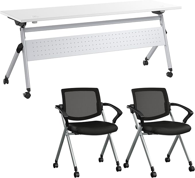 Bush Business Furniture Folding Training Table Set for 2, 72 inch Desk with Powered Grommets and 2 Chairs with Arms, Commercial-Grade Bundle for Office or Classroom, Envision Collection, White