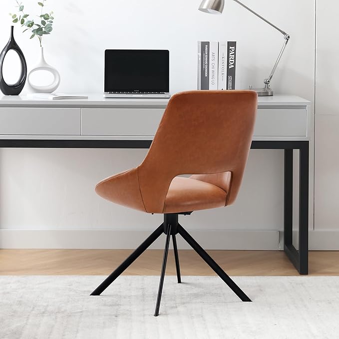 Mid Century Modern Desk Chair No Wheels Set of 1, Faux Leather Swivel Dining Chair with Metal Legs, Swivel Accent Chair Armchair for Small Spaces, Home Office, Living Room, Bedroom, Browm