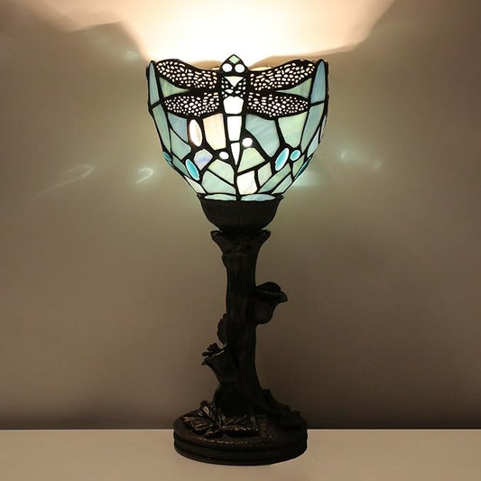 Small Tiffany Lamp Mini Stained Glass Table Lamp Blue Dragonfly Accent Desk Uplight W6 H13.5 Inch Bronze Resin Base