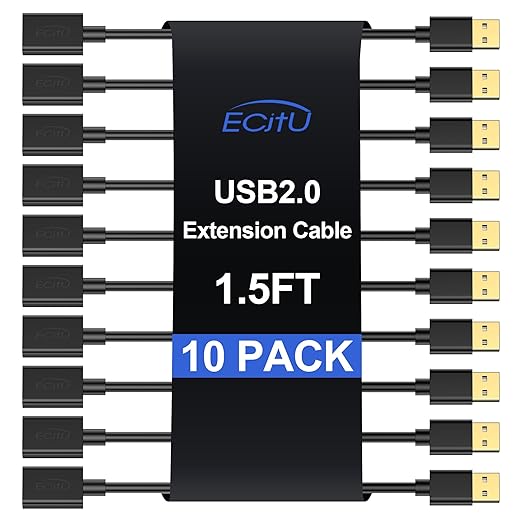 USB Extender Cord 1.5FT(10 Pack), USB 2.0 Extension Cable, USB A Male to Female, Compatible for Flash Drive, Hard Drive, Card Reader, Webcam, Printer, Keyboard, Mouse, Playstation, Xbox, VR Headset
