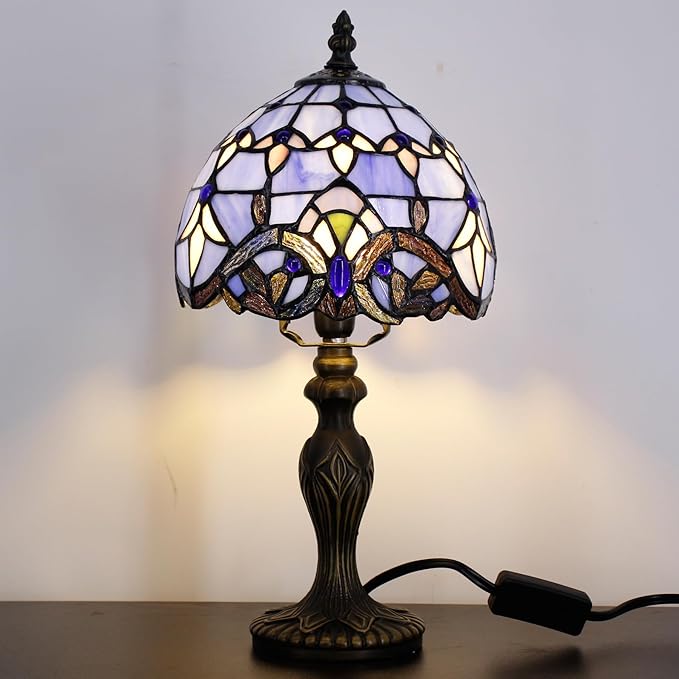 Small Tiffany Lamp Stained Glass Table Lamp Mini Desk Accent Light for Bedroom Bedside Reading Home Antique Style Decor 8X15 Inches (Blue Baroque)