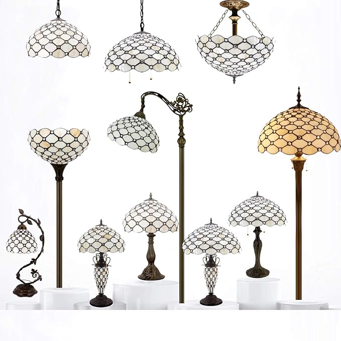 WERFACTORY Tiffany Lamp Cream Amber Stained Glass Bead Table Lamp Desk Bedside Reading Light 12X12X18 Inches Deco Bedroom Living Room Home Office S005 Series