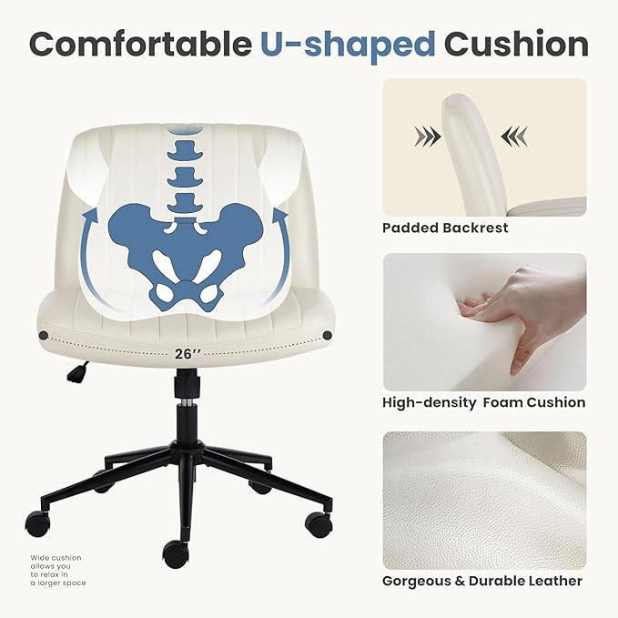 DUMOS Criss Cross Chair with Wheels, Legged Office Armless Wide Desk Seat Dual-Purpose Base, Adjustable Swivel Leather Task Vanity Home Office Desk Seating, Cream