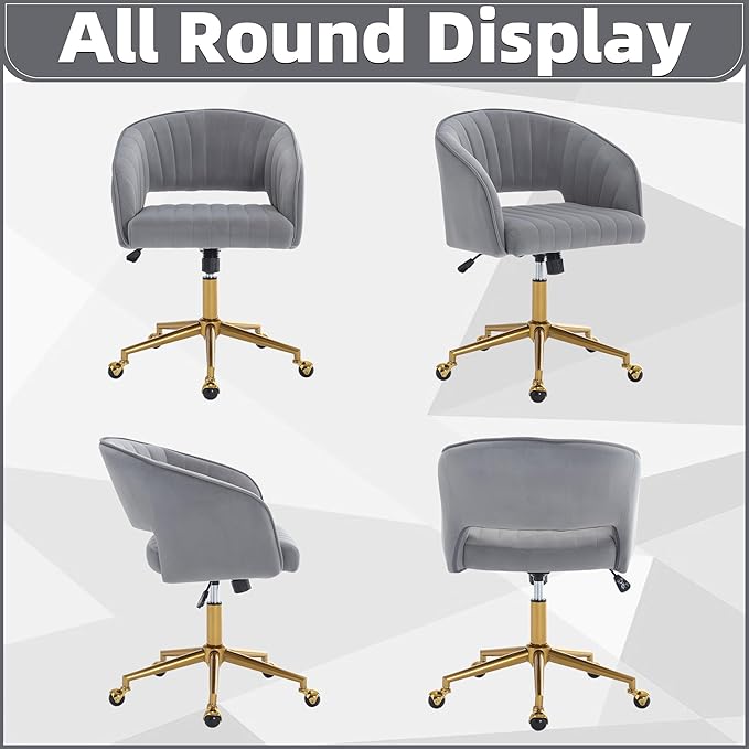ABET Desk Chair with Wheels, Velvet Home Office Chair, Swivel Armchair Gold Base, Upholstered Modern Accent Chairs, Back Incline Adjustable for Living Room Bedroom Vanity, Grey