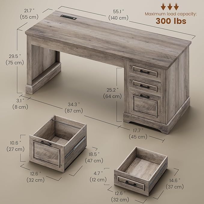 Itaar Farmhouse 55" Executive Desk, Computer Desk with Storage Drawers and Power Outlet, Home Office Desk, Workstation for Office Home, Grey