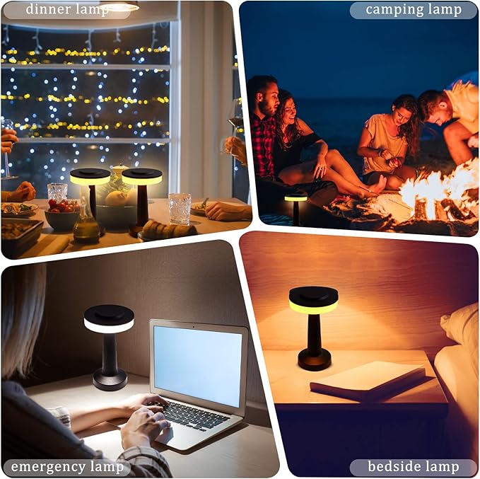 Riakrum Set of 2 LED Portable Cordless Table Lamp with Touch Sensor 3 Color Stepless Dimming Rechargeable Battery up to 15 Hours Cordless Table Light Wireless Lamp for Nursery(Black,4 Pcs)