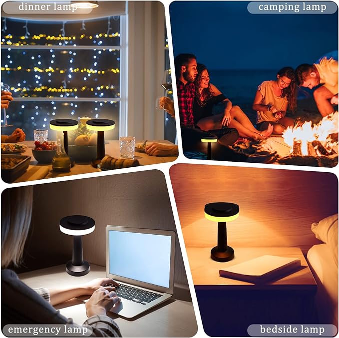 Riakrum Set of 2 LED Portable Cordless Table Lamp with Touch Sensor 3 Color Stepless Dimming Rechargeable Battery up to 15 Hours Cordless Table Light Wireless Lamp for Nursery(Black,2 Pcs)