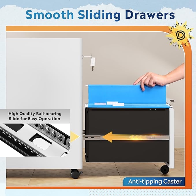 DEVAISE 2 Drawer Mobile File Cabinet, White Filing Cabinet with Lock, Under Desk Metal Filing Cabinets for Home Office, 17.7" D x 15.4" W x 25" H