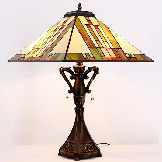 Tiffany Table Lamp Stained Glass Blue White Brown Square Mission Style Desk Reading Light 16X16X24 Inch for Bedroom Living Room Home Office