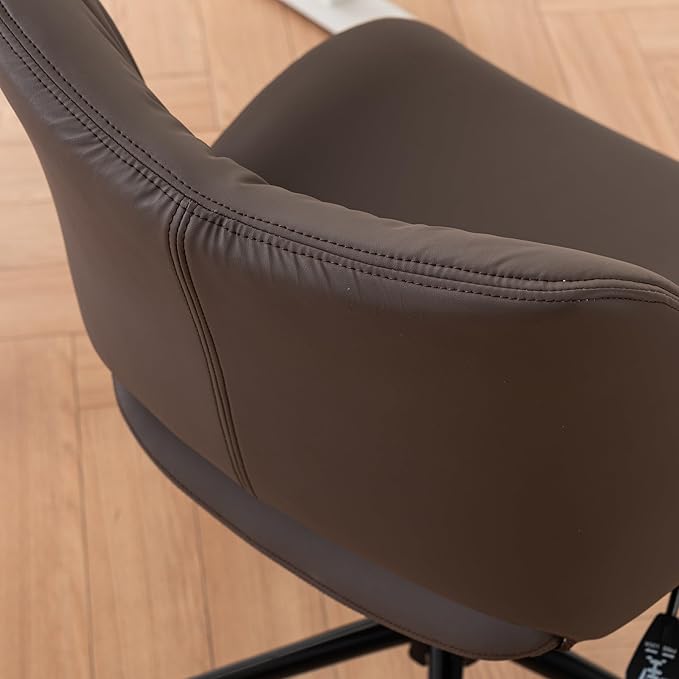 Rowill Armless Office Desk Chair, Ergonomic PU Leather Modern Task Chair with Back Adjustable Height, 360° Swivel Vanity Chairs with Wheels for Small Space, Home Office, Bedroom, Brown
